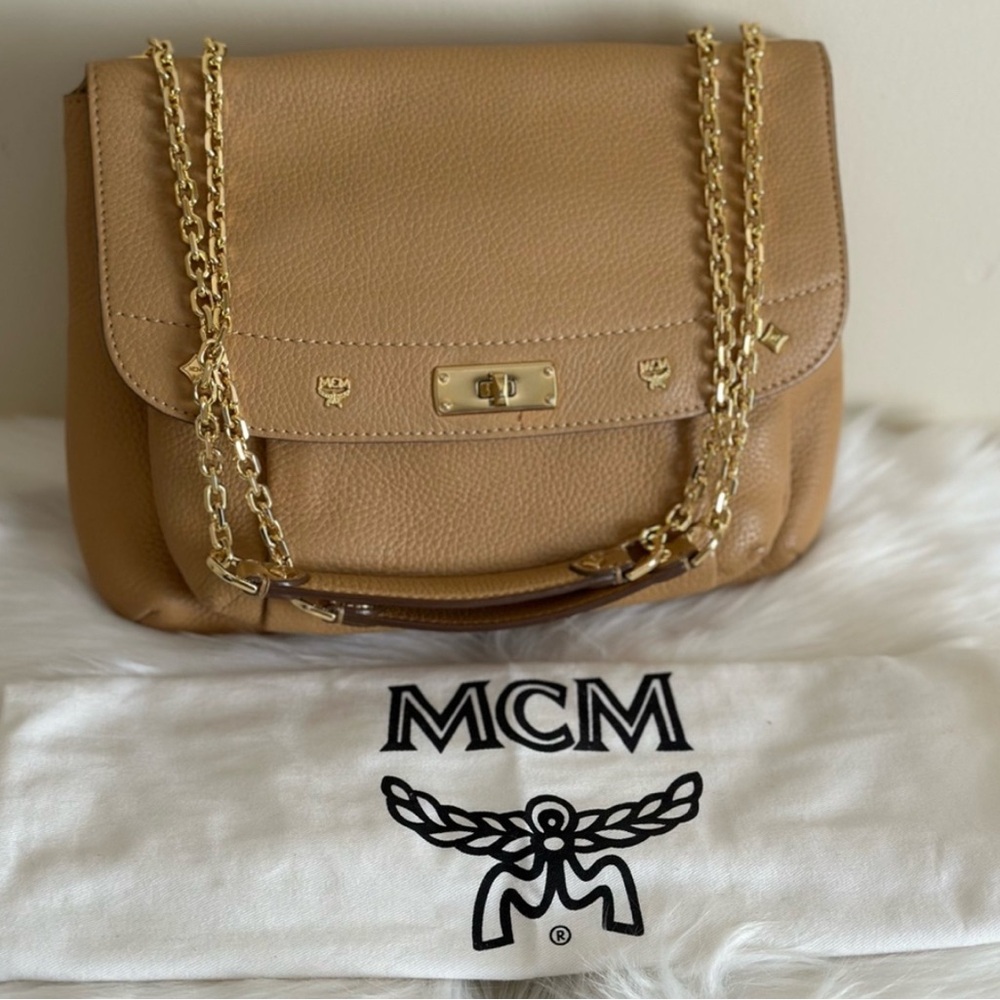 MCM Tan Leather Shoulder Bag with Gold Chain Straps